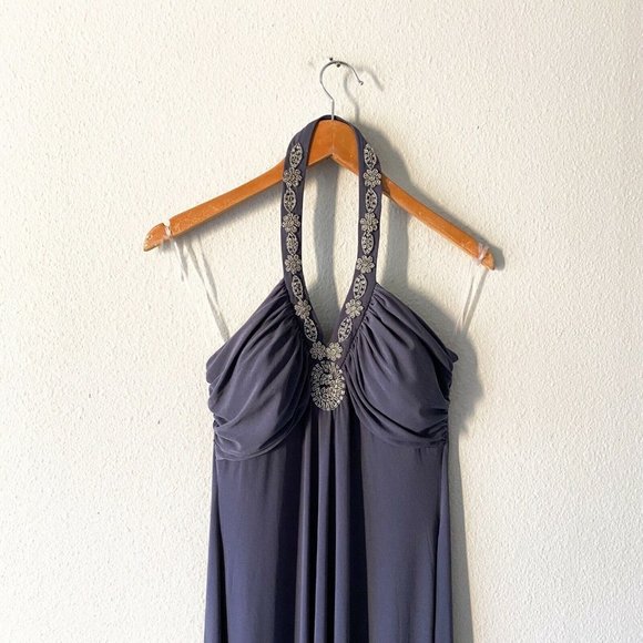 Spense gray maxi halter jeweled sleeveless dress size 8 stretchy - Picture 2 of 8